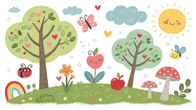 Cute cartoon nature landscape with trees, sun, rainbow, flowers, mushrooms, butterfly, bee and ladybug, vector illustration