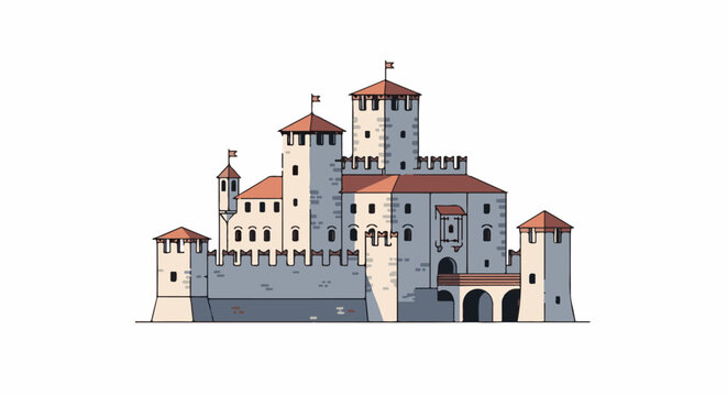 Stylized medieval castle with multiple towers, crenellations, and a red-tiled roof