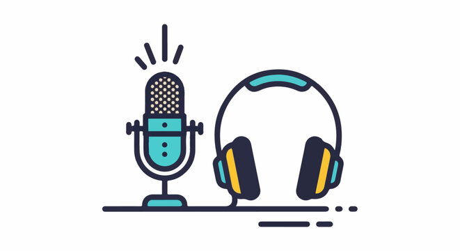 Stylized microphone and headphones with sound waves and audio cues