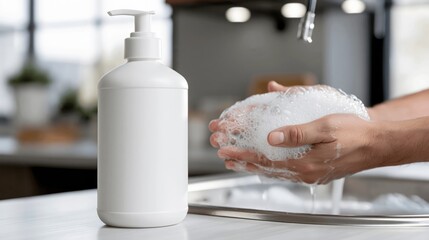 Fototapeta premium A plain white blank dish soap pump bottle beside a sink with sudsy hands washing dishes behind for mockup editing.