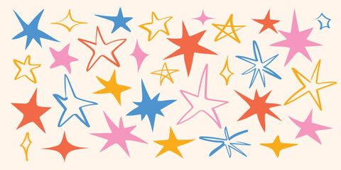 Obraz premium Colorful hand drawn star shape set with playful sketch icons and funky abstract elements for stickers and creative design