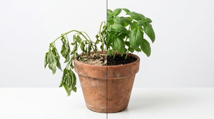 Fototapeta premium Basil Plant: Dying and Thriving Stages in Terracotta Pot
