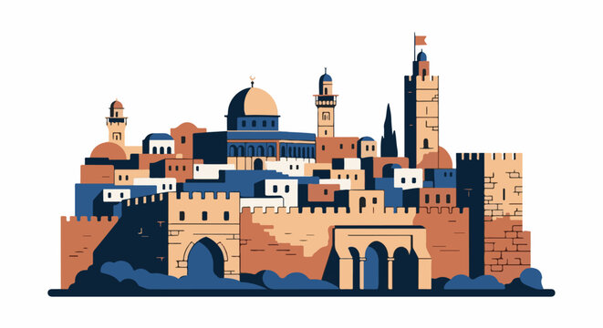 Stylized flat illustration of an ancient walled city with domes and minarets