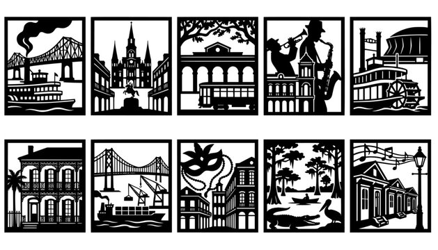 Louisiana New Orleans & Louisiana Square Silhouette Bundle: French Quarter, Bayou, Jazz and Mardi Gras Laser Cut Files