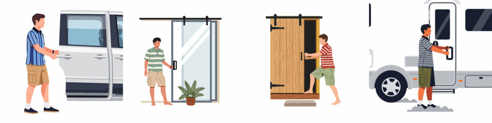 Flat vector illustration set of men opening different types of sliding doors, including a car, glass patio door, wooden barn door, and RV. © Tono