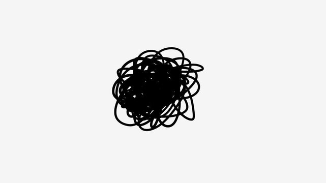Animated chaotic black line tangle expanding to full screen and disappearing. Abstract ink or pencil scribble cloud transition on white