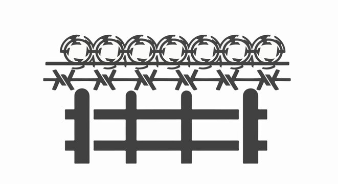 Stylized graphic of a security fence with barbed and razor wire