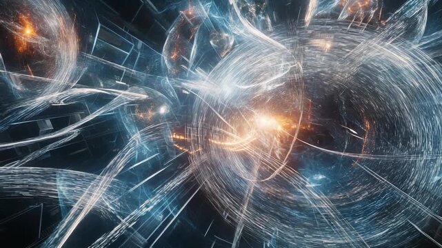 Abstract cosmic energy vortexes creating a dynamic display of light and motion, visualizing complex quantum physics concepts and futuristic digital art