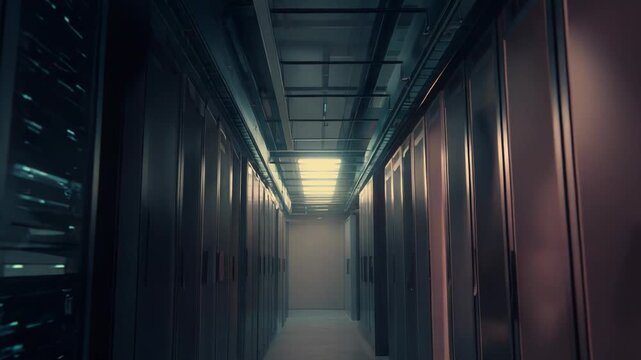 Server room alley presenting rows of data servers and network infrastructure, representing global data storage, cloud computing, and advanced digital technology