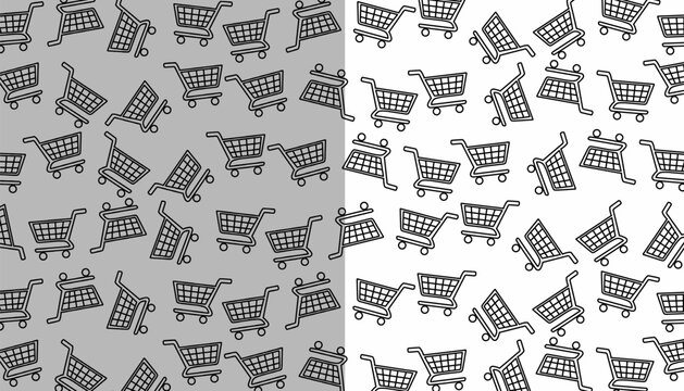 Shopping Cart Pattern. Retail Trolley Icon Background. Minimal Outline Vector Style.