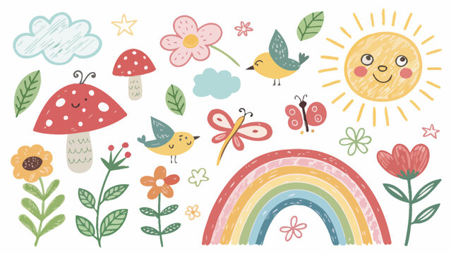 Cute hand drawn spring and summer nature elements collection, set of doodle flowers, sun, rainbow, birds, butterfly, mushroom and clouds