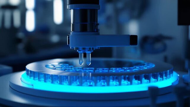 Robotic laboratory equipment processing numerous samples with precision and accuracy, highlighting advancements in medical technology, scientific innovation, and future automation