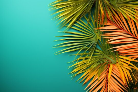 Vibrant palm foliage creating a summer border with copy space