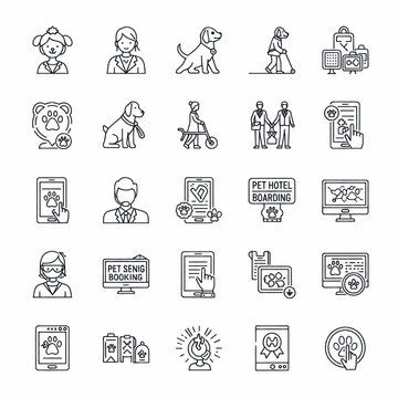 Collection of line icons representing pet services, including booking, boarding, and care.