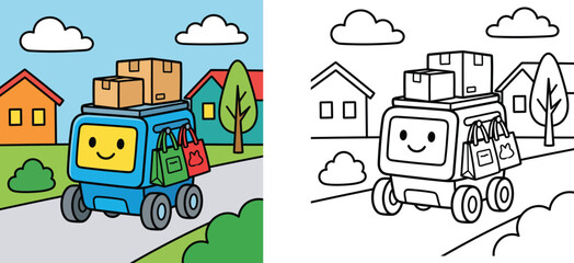 Fototapeta premium Cute Autonomous Delivery Robot Carrying Packages and Shopping Bags in a Neighborhood Street, Coloring Page and Colored Illustration Set for Kids Education and Future Technology Theme