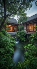 Fototapeta premium Serene Contemporary Asian Retreat Nestled in a Verdant Tropical Landscape with a Gentle Waterfall