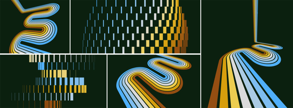 A retro 1970s-style background. Colorful lines. Abstract, dynamic curved ribbons. Transition and displacement effects. Industrial style. Cover design template. Vector for brochure, notebook or notepad