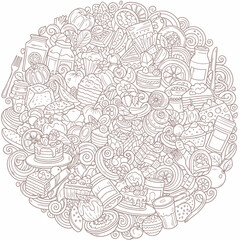 Obraz premium Doodle food illustration in circular shape with various desserts and fruits.