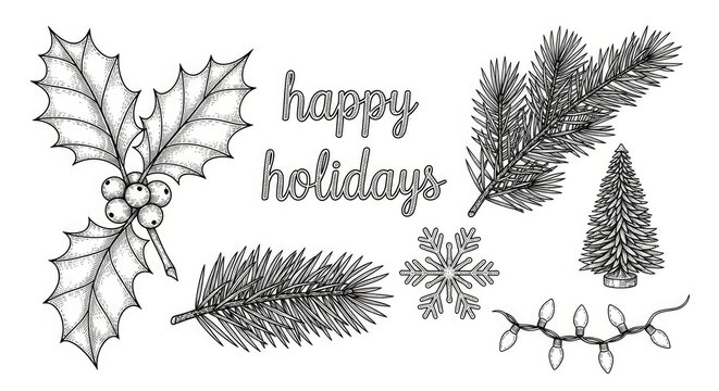 A black and white illustration features a sprig of holly with berries, a fir branch, a small pine tree, and a snowflake.