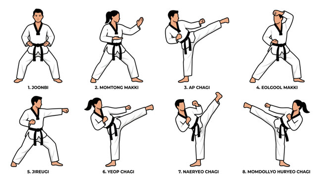 Taekwondo athletes demonstrate various fundamental martial arts kicking and blocking techniques in this instructional educational image