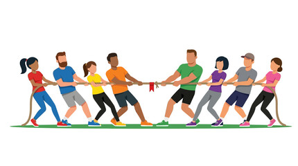 Fototapeta premium Diverse group of people pulling a rope during an intense and competitive tug of war