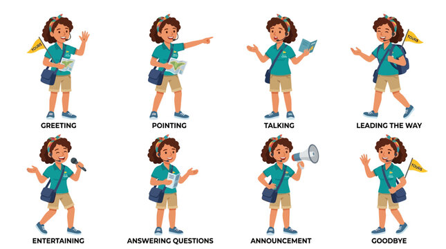 A friendly tour guide character performing various helpful actions in this vibrant vector illustration set