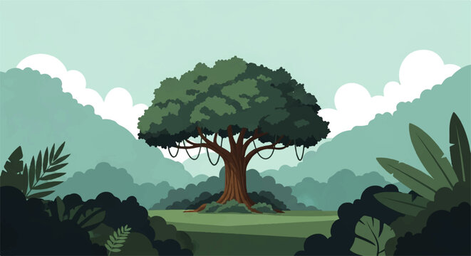 Vector flat design illustration of a large, ancient tree with hanging vines in a lush, green jungle landscape