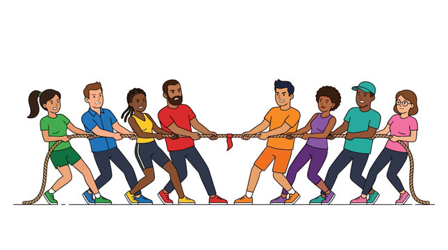 A diverse group of people pull a rope together in a competitive game of tug war