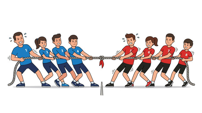 Two competitive teams of people play a intense game of tug of war with rope
