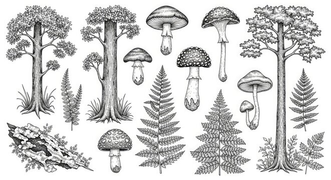 An intricate black and white illustration depicts a collection of forest elements. Several trees, including pine and fir trees, stand tall with detailed bark textures.