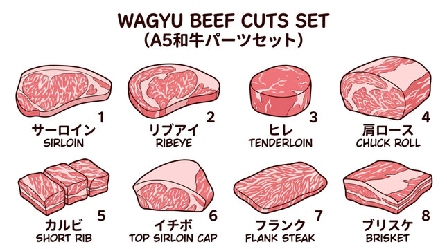 Detailed educational illustration showing various premium wagyu beef cuts for culinary preparation and restaurant menu design