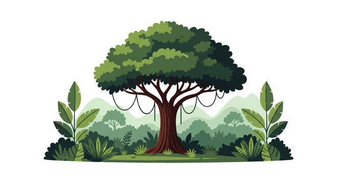 Vector flat design illustration of a large lush green tree with hanging vines in a vibrant jungle landscape