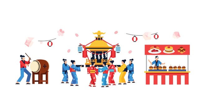 Japanese Festival Celebration with Mikoshi, Drummers, and Food Stall