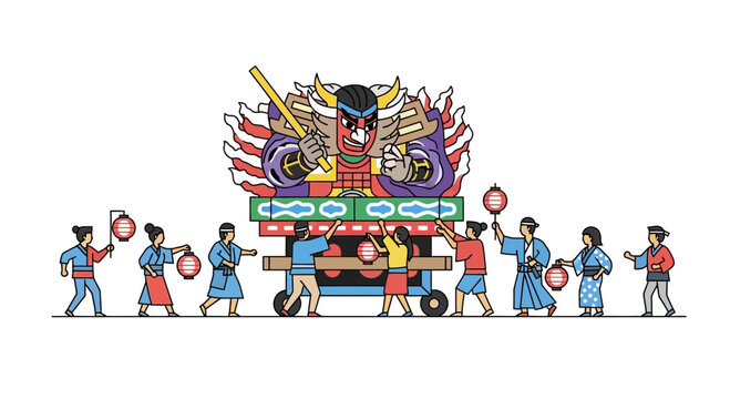 Japanese Festival Float Parade with People and Lanterns