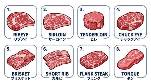 Detailed illustration showcasing various raw beef cuts labeled with names for culinary and cooking education