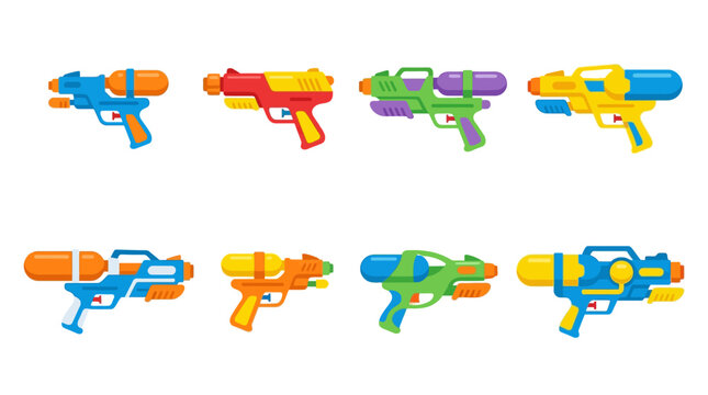 A collection of colorful plastic water guns designed for outdoor summer play and fun activities