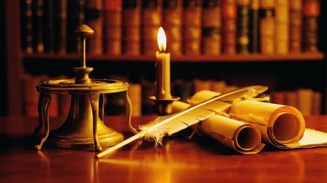 A Quill Pen and Scrolls Illuminated by Candlelight on a Desk in a Library, Evoking a Sense of History and Literature