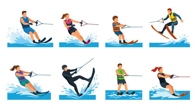 Diverse active people enjoying water skiing and wakeboarding sports in this vibrant flat illustration set