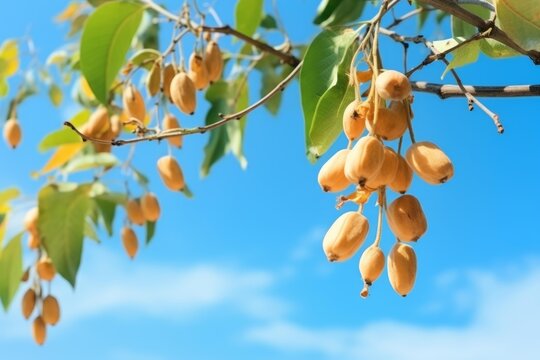 Elaeagnus umbellata or japanese silverberry fruit hanging from a branch against a blue sky