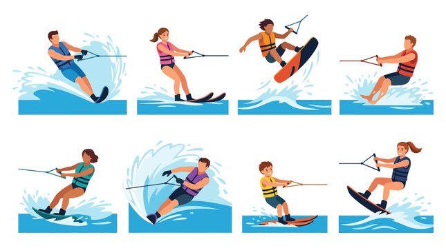 This vibrant digital illustration shows various active people enjoying water skiing and wakeboarding during summer