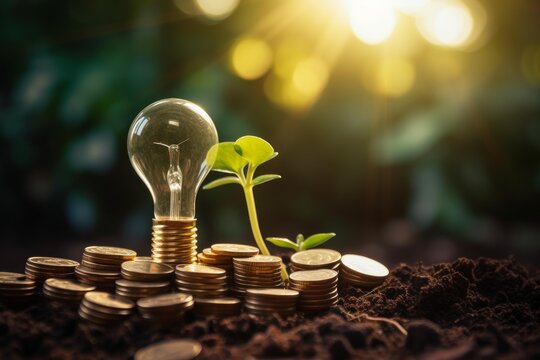 Light bulb, plant seedling, and stacked coins growing in soil under bright sunlight