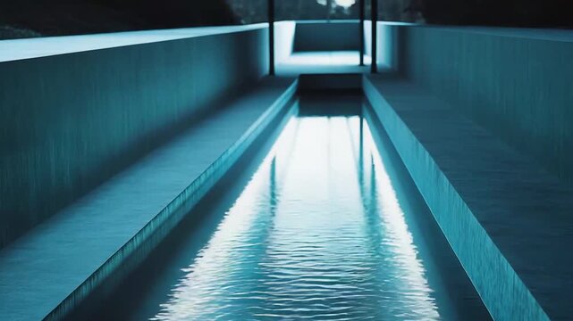 Water flowing gently through a straight, narrow concrete channel, creating abstract reflections and ripples under a soft glow, illustrating concepts of flow, infrastructure, and modern design