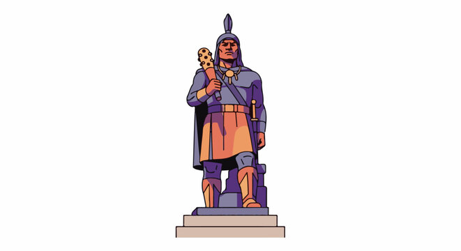 Stylized illustration of a warrior statue holding a mace, standing on a pedestal