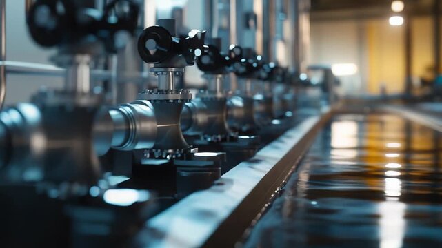 Row of metal pipes and valves in an industrial production facility, representing modern engineering, factory automation, and heavy industry operations with liquid