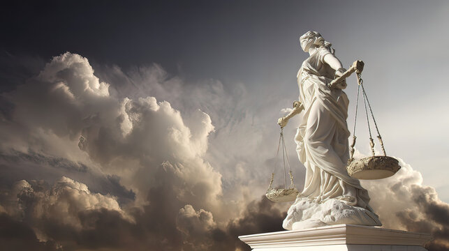 morality. A classical justice statue stands tall with balanced scales under a dramatic sky. event programs, museum guides, designed for cultural heritage projects and event programs.
