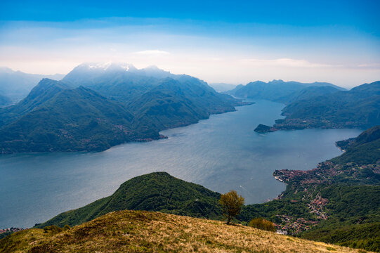 A view of Lake Como, photographed in Plesio, with the panorama, villages, mountains, and the two branches of the lake.