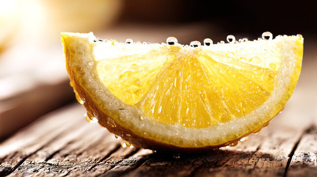 dewdrops. A fresh lemon slice glistening with dewdrops on a rustic wooden surface in natural light. menu design, packaging mockups, designed for food delivery and cloud-kitchen brand materials.
