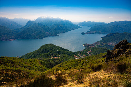 A view of Lake Como, photographed in Plesio, with the panorama, villages, mountains, and the two branches of the lake.