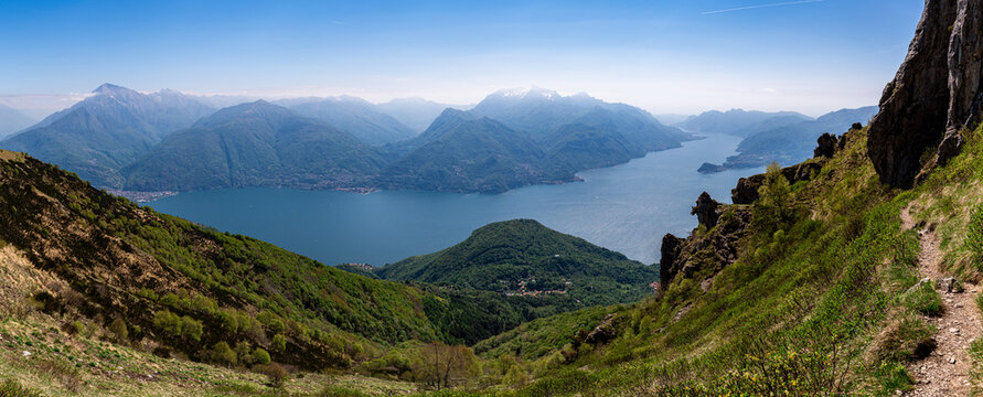 A view of Lake Como, photographed in Plesio, with the panorama, villages, mountains, and the two branches of the lake.
