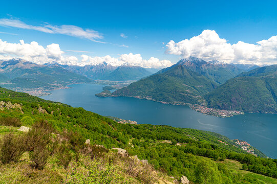 A view of Lake Como, photographed in Plesio, with the panorama, villages, mountains, and the two branches of the lake.